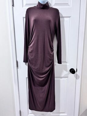 Marine Layer Lexi Rib Ruched Turtleneck Dress Chocolate Brown Medium Stretch
